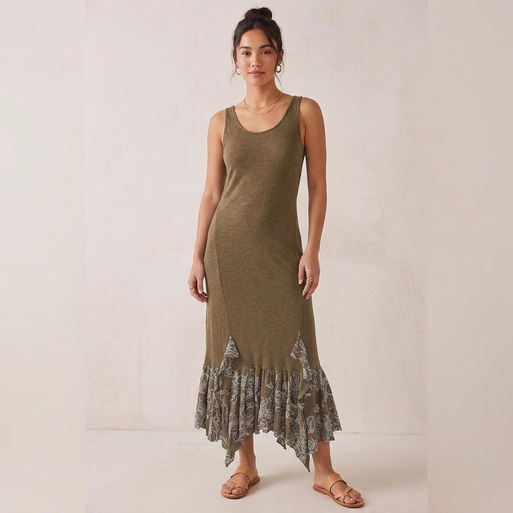 Chalet Floral Ruffle Hem Sleeveless Midi Dress Womens Small Brown Lagenlook